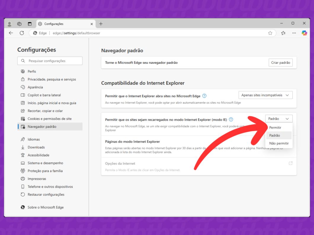 Captura de tela do navegador Microsoft Edge mostra como ativar o recurso “Permitir que os sites sejam recarregados no modo Internet Explorer (modo IE)”