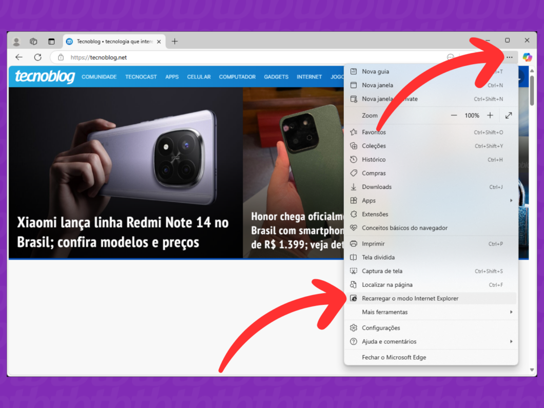 Captura de tela do navegador Microsoft Edge mostra como usar o recurso "Recarregar o modo Internet Explorer"