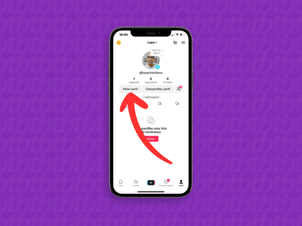 Captura de tela do aplicativo TikTok mostra como acessar o menu "Editar Perfil"