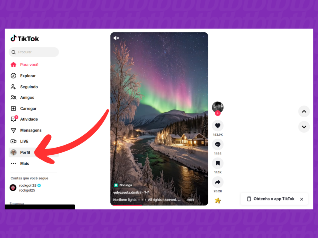 Captura de tela do site TikTok mostra como abrir o menu "Perfil"