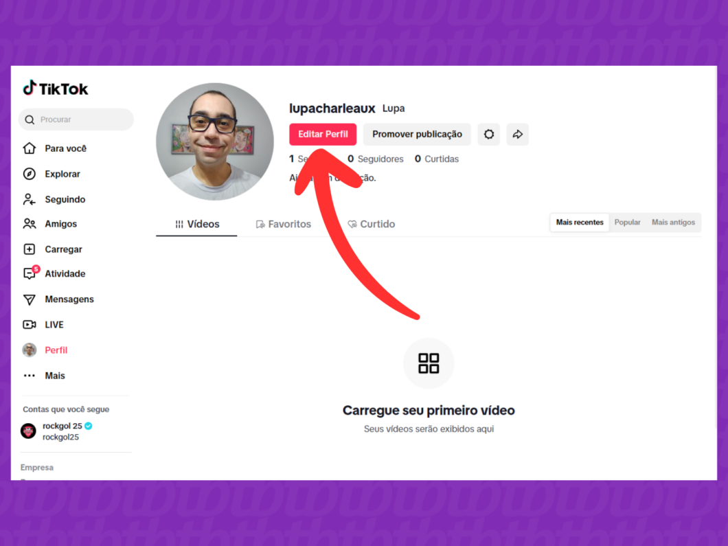 Captura de tela do site TikTok mostra como abrir o menu "Editar Perfil"