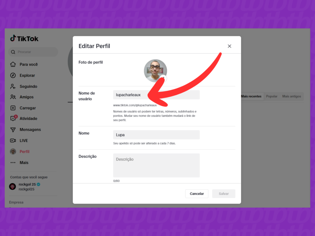 Captura de tela do site TikTok mostra como alterar o nome de usuário