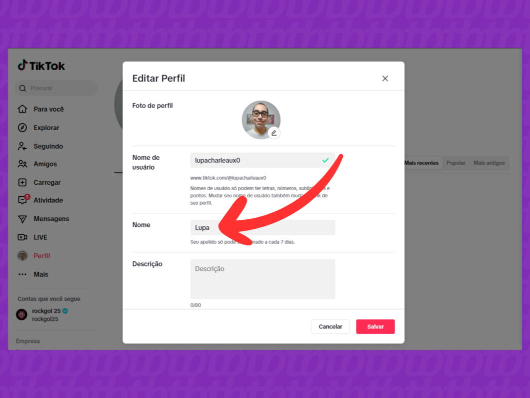 Captura de tela do site TikTok mostra como alterar o nome na rede social