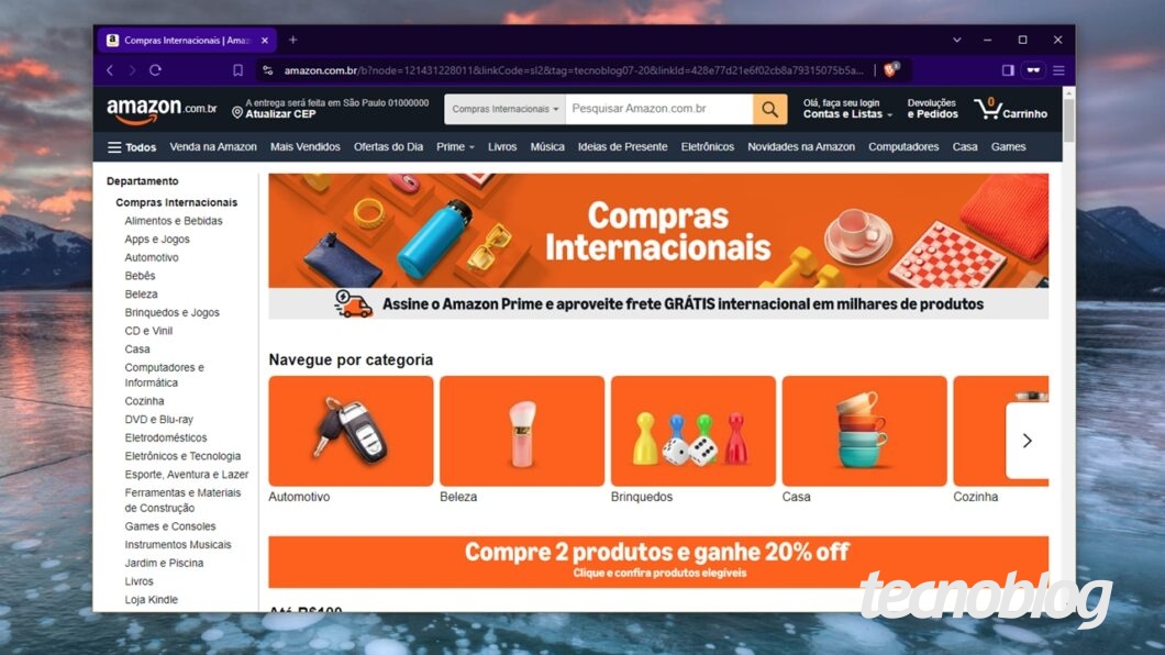 Página em navegador exibindo a área de compras internacionais da Amazon