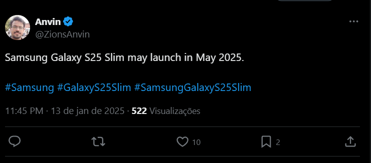 Captura de tela do X com texto informando que Galaxy S25 Slim será lançado em maio