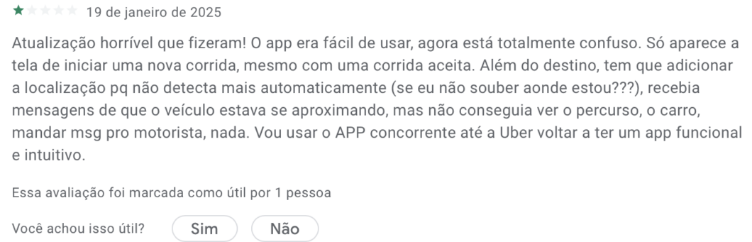 Avaliação do app da Uber de 19 de janeiro de 2025, com uma estrela.

Texto: Atualização horrível que fizeram! O app era fácil de usar, agora está totalmente confuso. Só aparece a tela de iniciar uma nova corrida, mesmo com uma corrida aceita. Além do destino, tem que adicionar a localização pq não detecta mais automaticamente (se eu não souber aonde estou???), recebia mensagens de que o veículo estava se aproximando, mas não conseguia ver o percurso, o carro, mandar msg pro motorista, nada. Vou usar o APP concorrente até a Uber voltar a ter um app funcional e intuitivo.