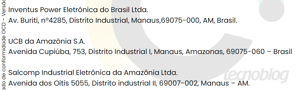 lista de fábricas da bateria do Galaxy A56 no Brasil: Inventus Power Eletrônica do Brasil Ltda. Av. Buriti, nº4285, Distrito Industrial, Manaus,69075-000, AM, Brasil. UCB da Amazônia S.A. Avenida Cupiúba, 753, Distrito Industrial I, Manaus, Amazonas, 69075-060 – Brasil Salcomp Industrial Eletrônica da Amazônia Ltda. Avenida dos Oitis 5055, Distrito industrial II, 69007-002, Manaus – AM (imagem: Felipe Freitas/Tecnoblog)