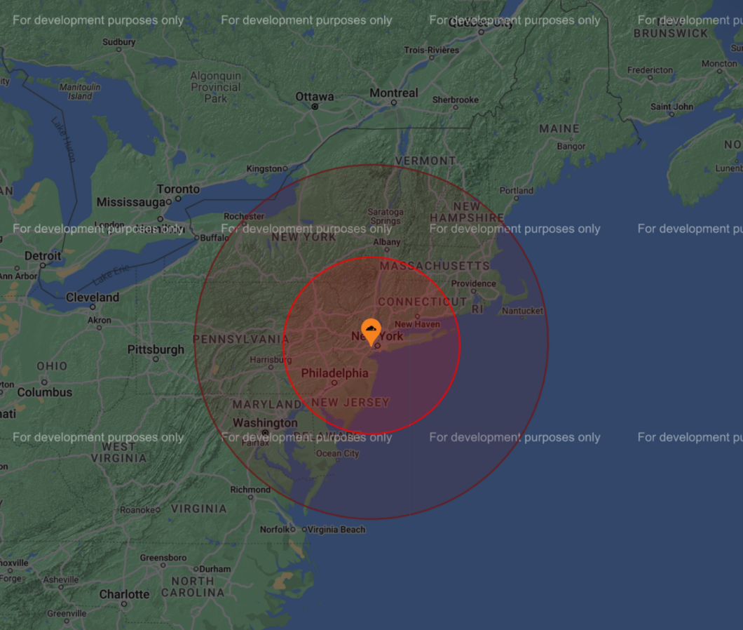 Imagem mostra região de Nova York com identificador de local e círculo vermelho indicando área na qual o usuário pode estar (imagem: reprodução/404 Media)