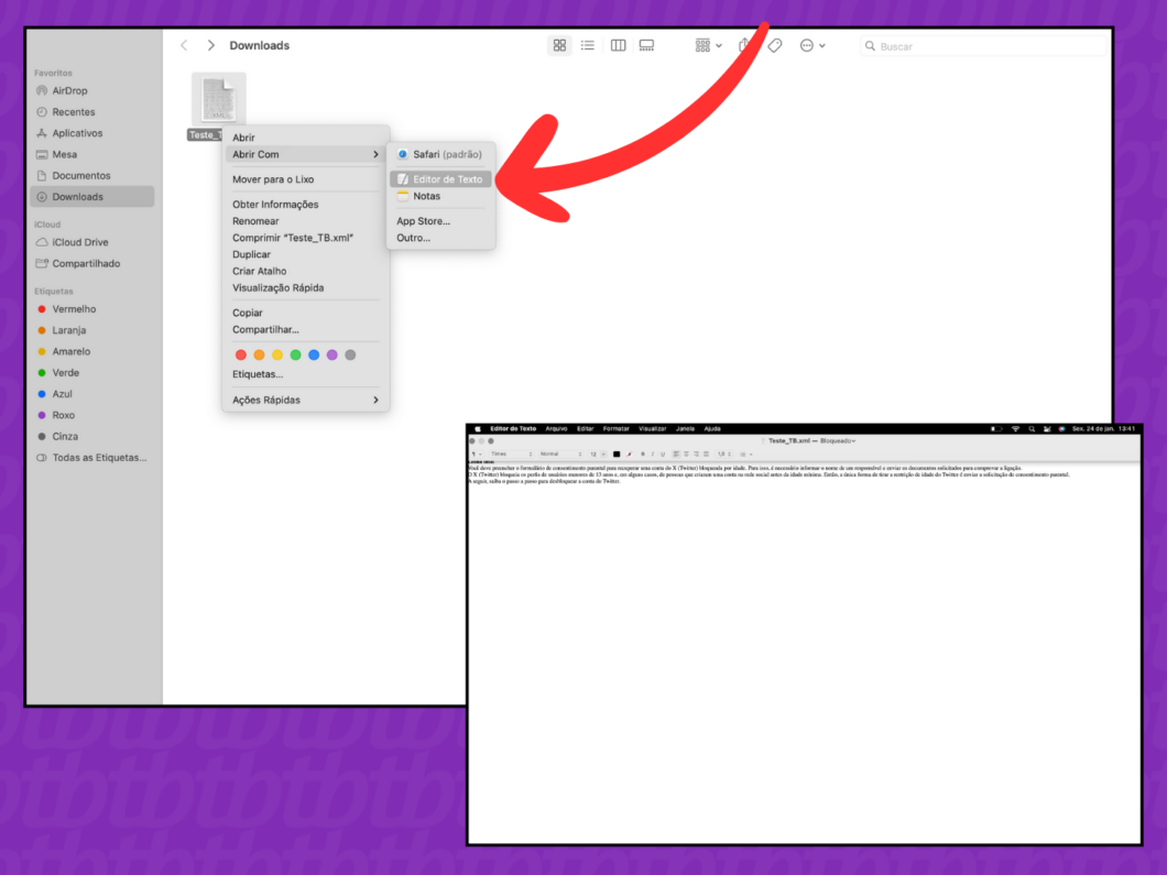 Captura de tela do app Finder mostra como selecionar editor de texto para abrir o arquivo XML