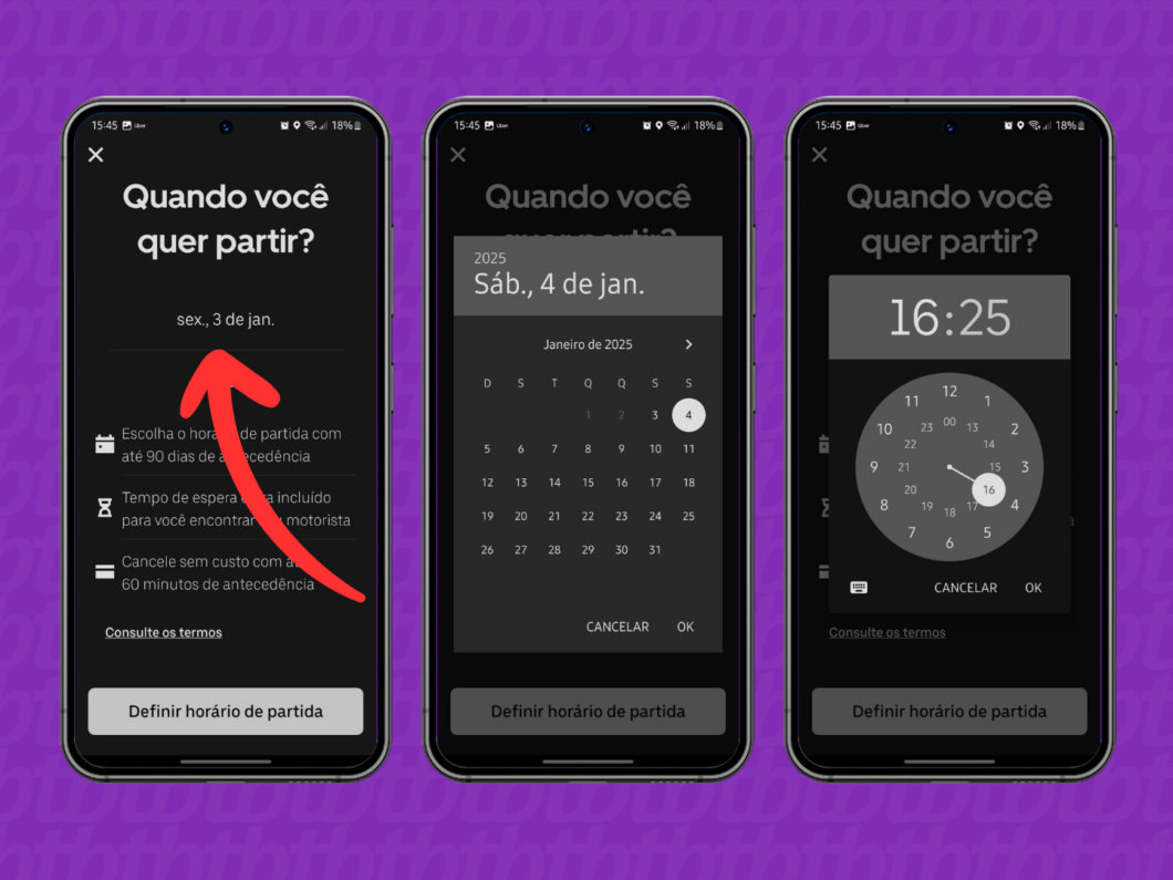 Captura de tela do aplicativo Uber mostra como definir a data e hora da corrida agendada