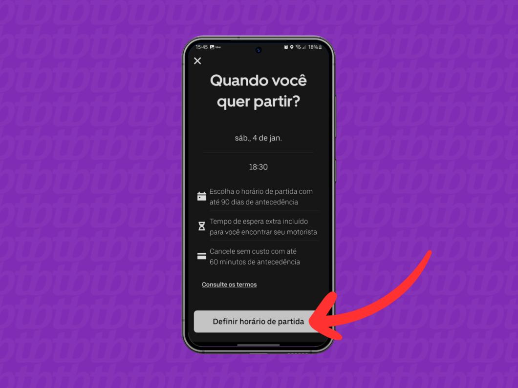 Captura de tela do aplicativo Uber mostra como confirmar a data e hora da corrida agendada