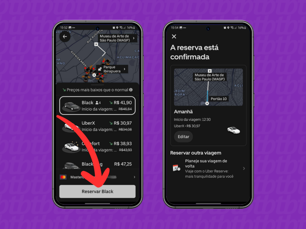 Captura de tela do aplicativo Uber mostra como reservar uma viagem