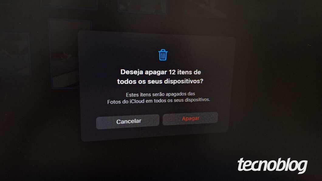 Captura de tela do site iCloud mostra janela de exclusão dos arquivos