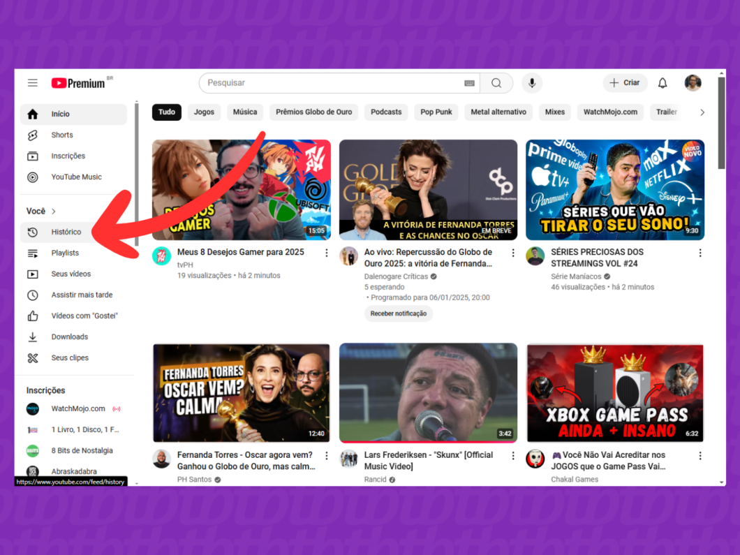 Captura de tela do site YouTube mostra como acessar o menu Histórico