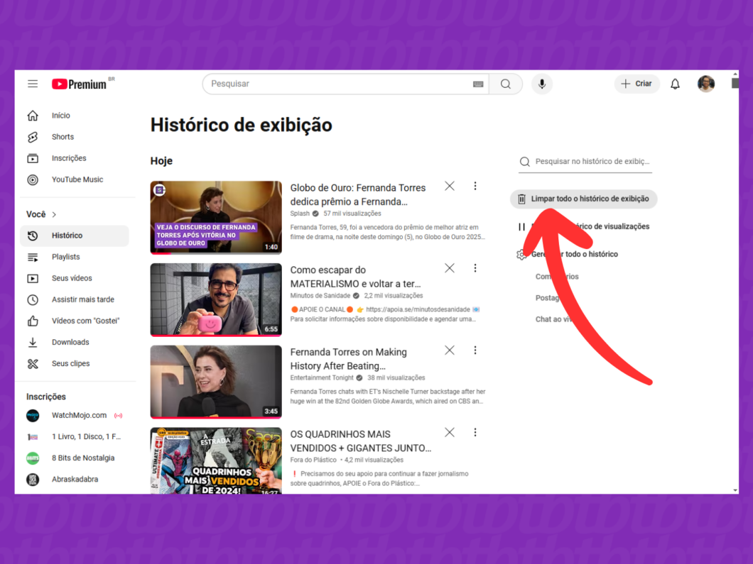 Captura de tela do site YouTube mostra como selecionar a opção Limpar todo o histórico de exibição