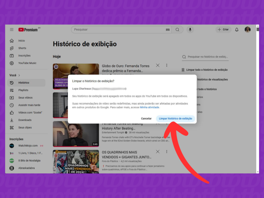 Captura de tela do site YouTube mostra como confirmar a opção Limpar histórico de exibição