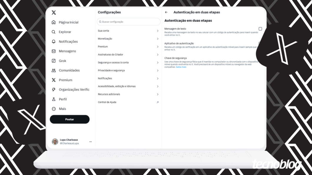 Ilustração do X (Twitter) mostra tela de configuração de autenticação em duas etapas