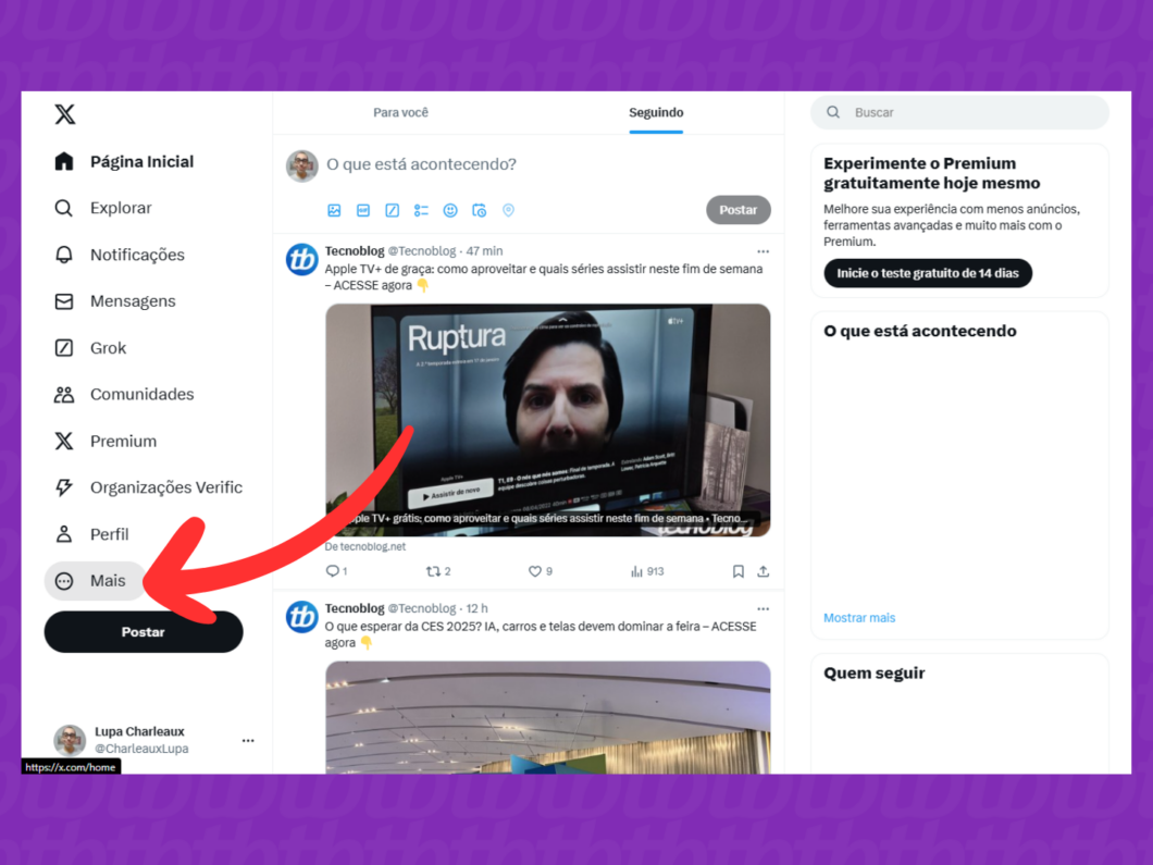 Captura de tela do site X (Twitter) mostra como abrir o menu Mais