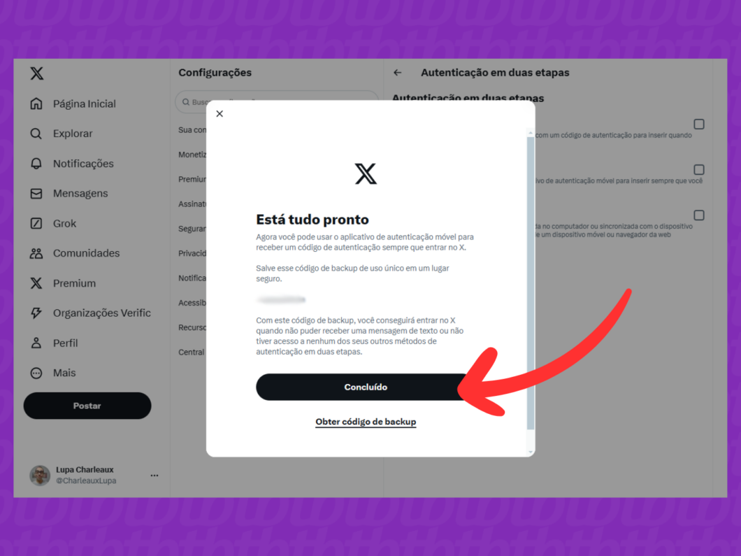 Captura de tela do site X (Twitter) mostra como concluir a configuração da autenticação em duas etapas