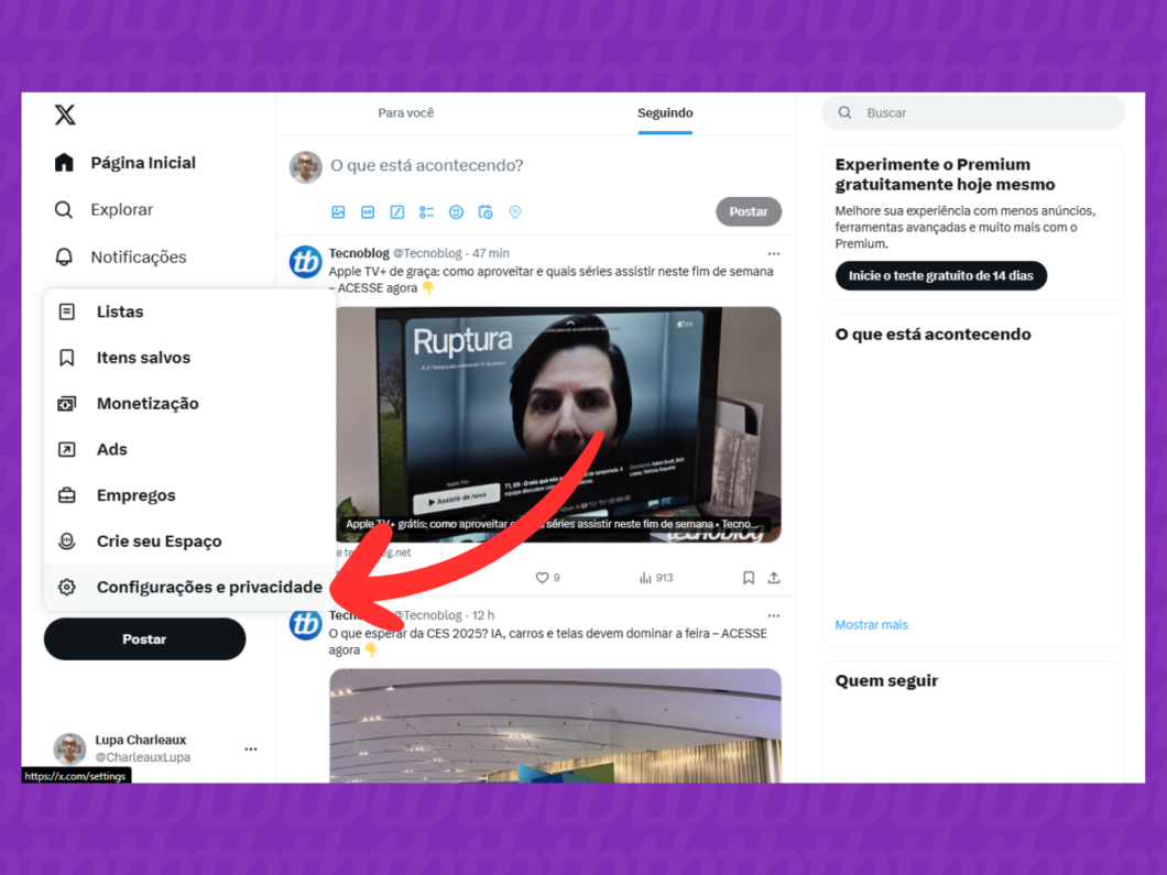 Captura de tela do site X (Twitter) mostra como selecionar a opção Configurações e privacidade