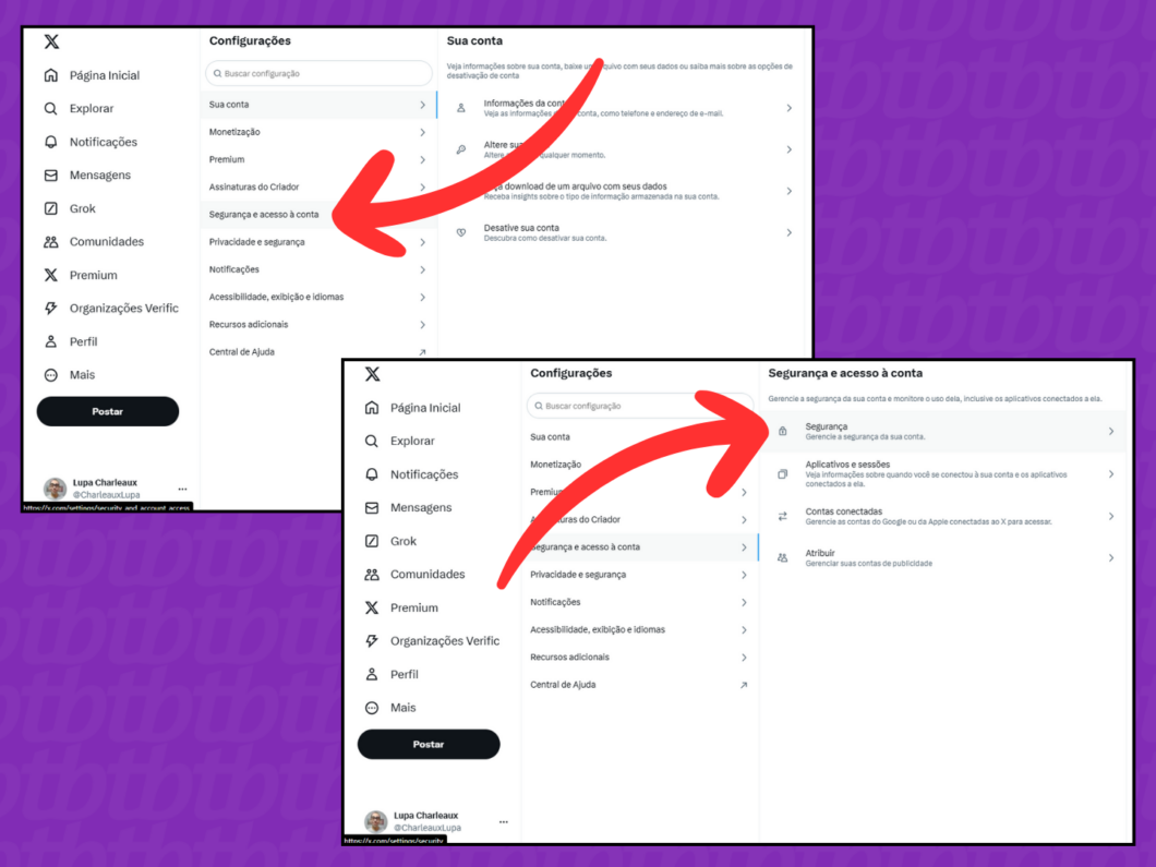 Captura de tela do site X (Twitter) mostra como selecionar as opções Segurança e acesso à conta e Segurança