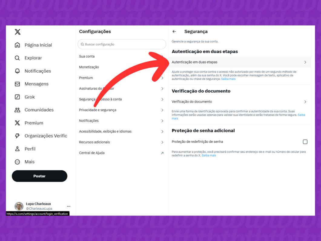 Captura de tela do site X (Twitter) mostra como abrir o menu Autenticação em duas etapas