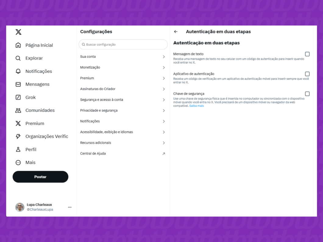 Captura de tela do site X (Twitter) mostra como selecionar o método de autenticação em duas etapas