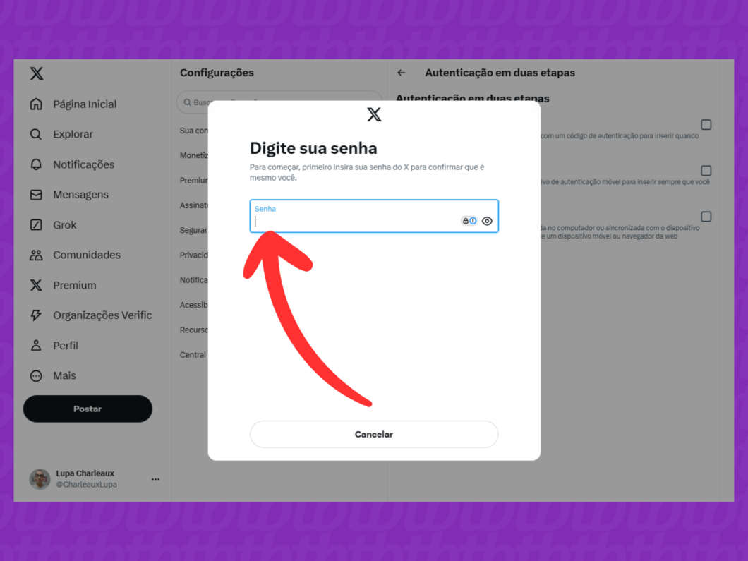 Captura de tela do site X (Twitter) mostra como inserir a senha para confirmar a identidade