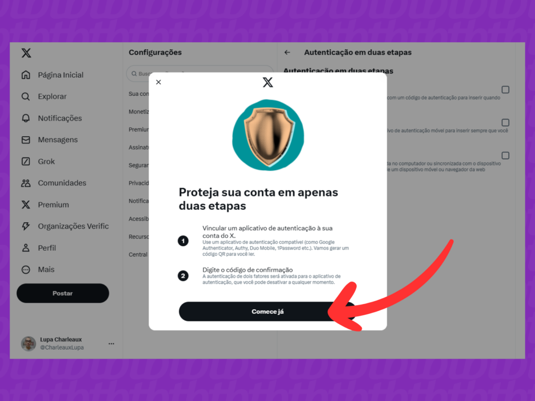 Captura de tela do site X (Twitter) mostra como iniciar a configuração da autenticação em duas etapas usando o aplicativo de autenticação