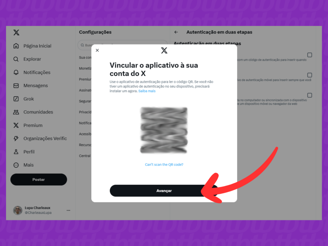 Captura de tela do site X (Twitter) mostra como escanear o QR Code pelo aplicativo de autenticação