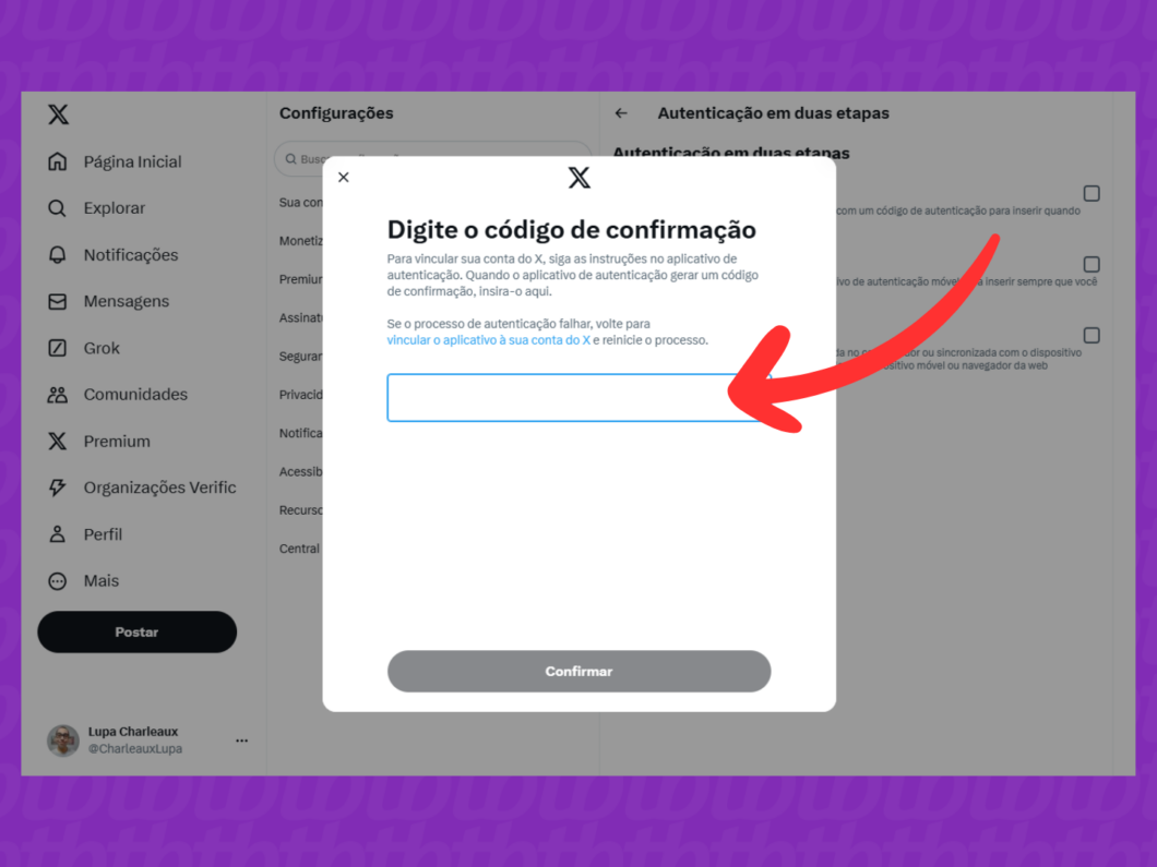 Captura de tela do site X (Twitter) mostra como inserir o código de verificação gerado pelo aplicativo de autenticação