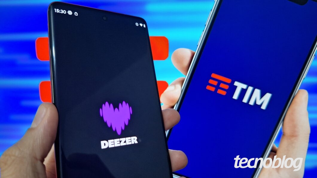 Imagem mostra dois celulares com imagens do Deezer e da TIM