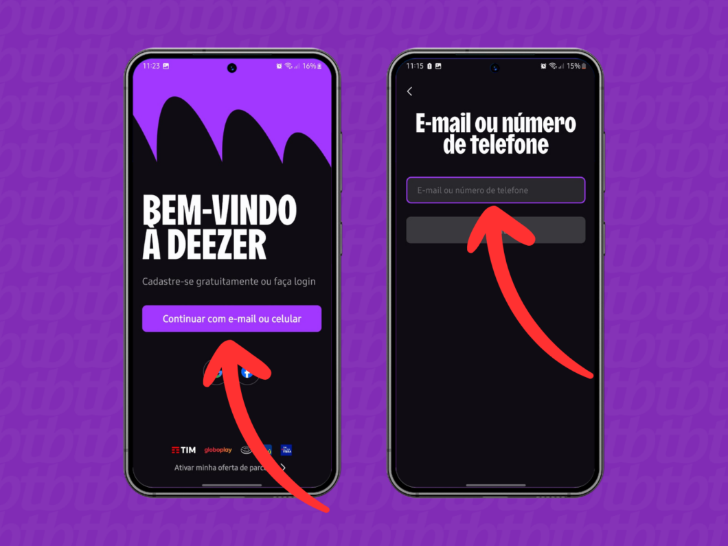 Captura de tela do aplicativo Deezer mostra como cadastrar ou fazer login no serviço de streaming