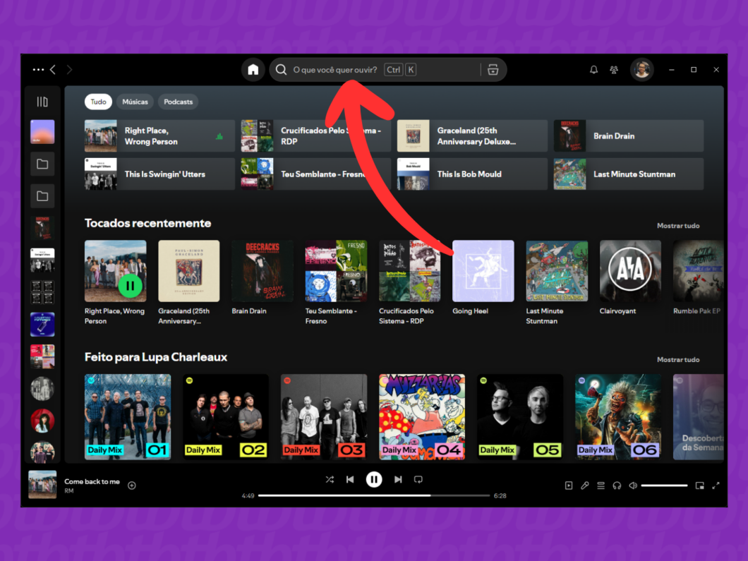 Captura de tela do app Spotify no PC mostra como acessar o campo O que você quer ouvir?