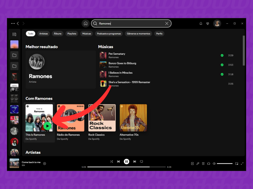 Captura de tela do app Spotify no PC mostra como acessar a página de uma playlist ou álbum