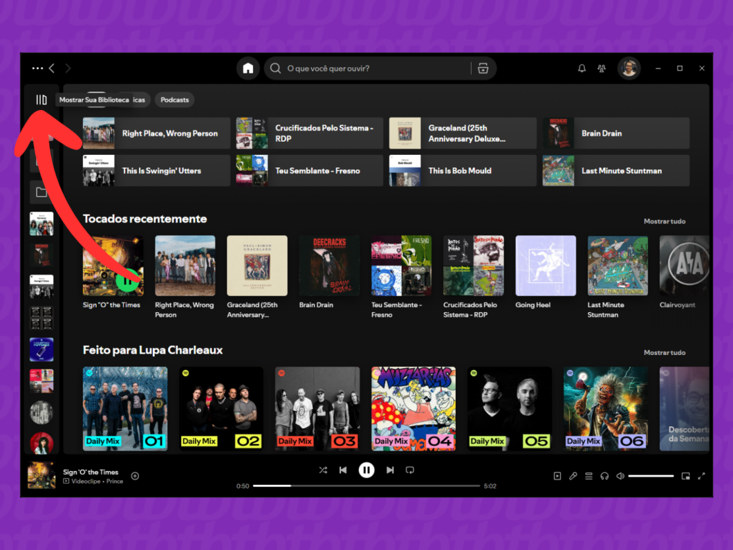Captura de tela do app Spotify no PC mostra como abrir o menu "Sua Biblioteca"