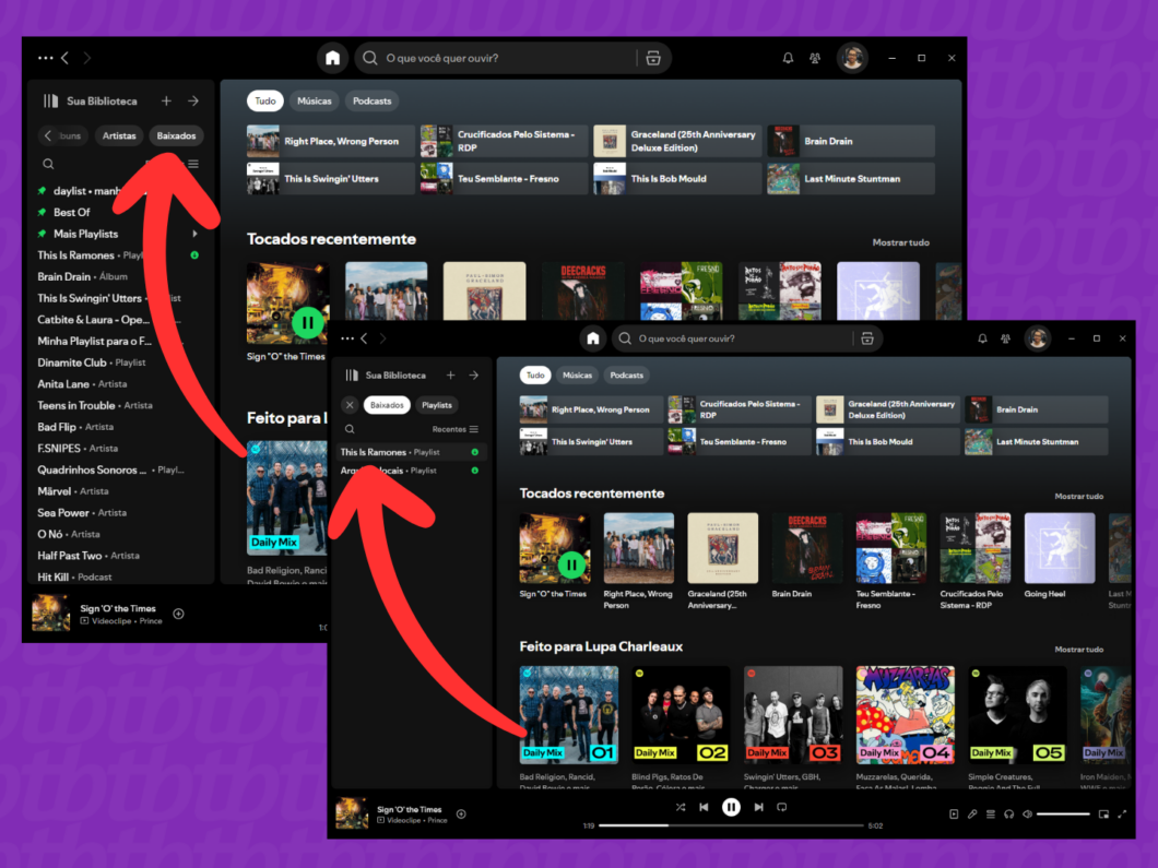 Captura de tela do app Spotify no PC mostra como filtrar os conteúdos Baixados