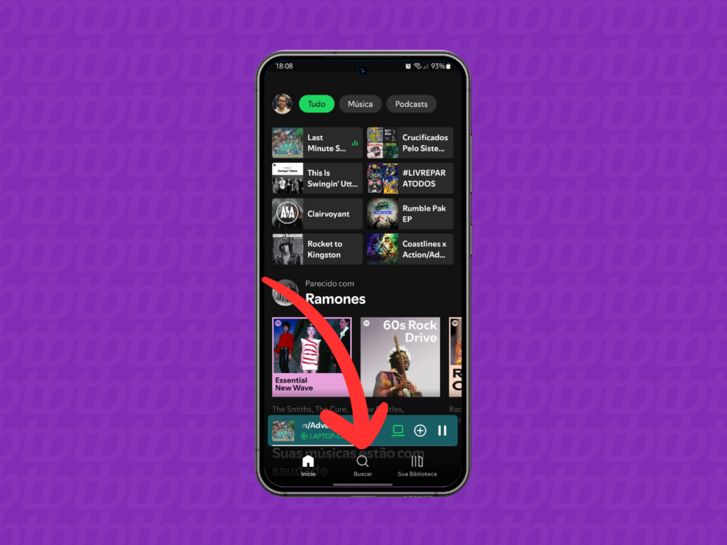 Captura de tela do app Spotify no celular mostra como abrir o menu "Buscar"