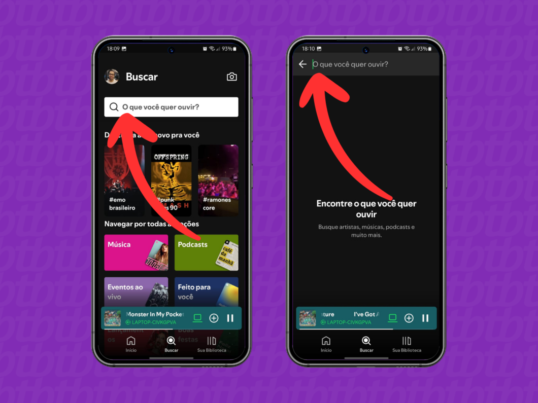 Captura de tela do app Spotify no celular mostra como iniciar uma pesquisa