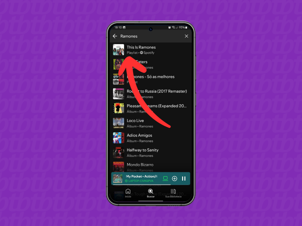 Captura de tela do app Spotify no celular mostra como acessar a página de uma playlist ou álbum