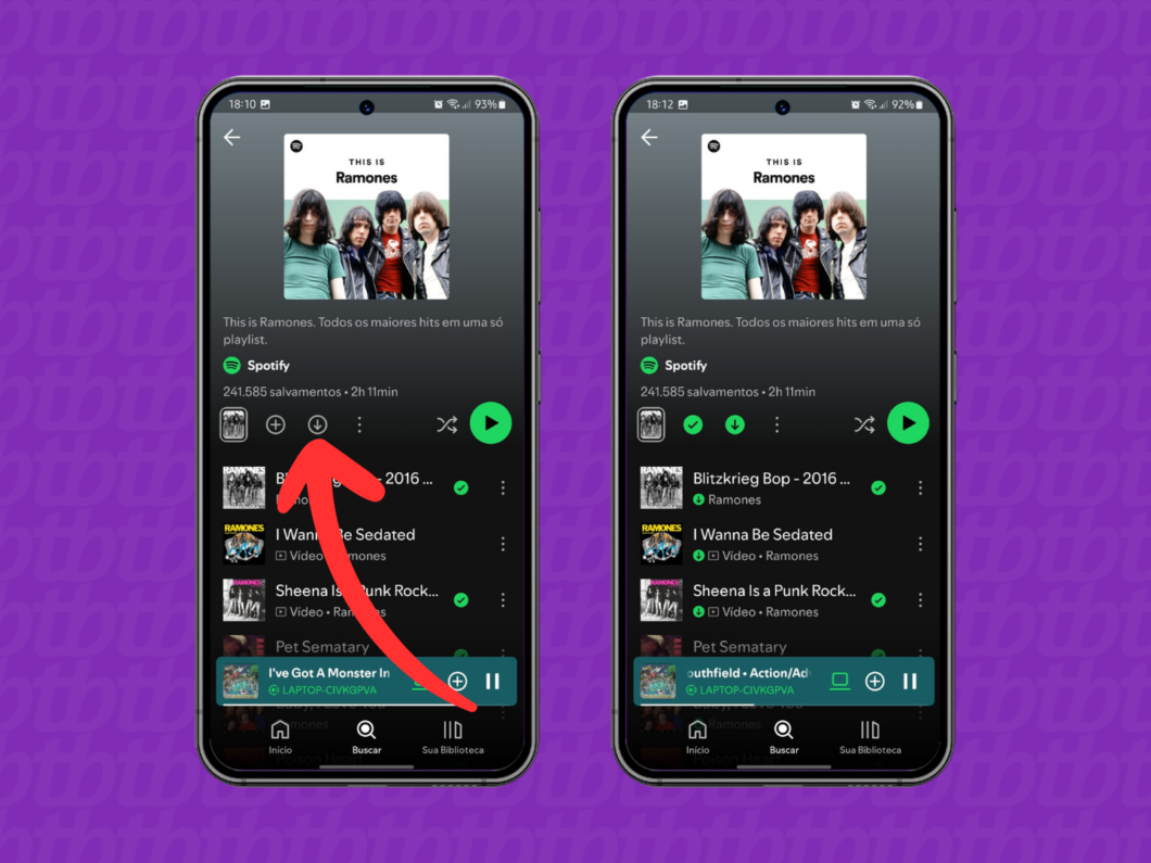 Captura de tela do app Spotify no celular mostra como baixar uma playlist ou álbum