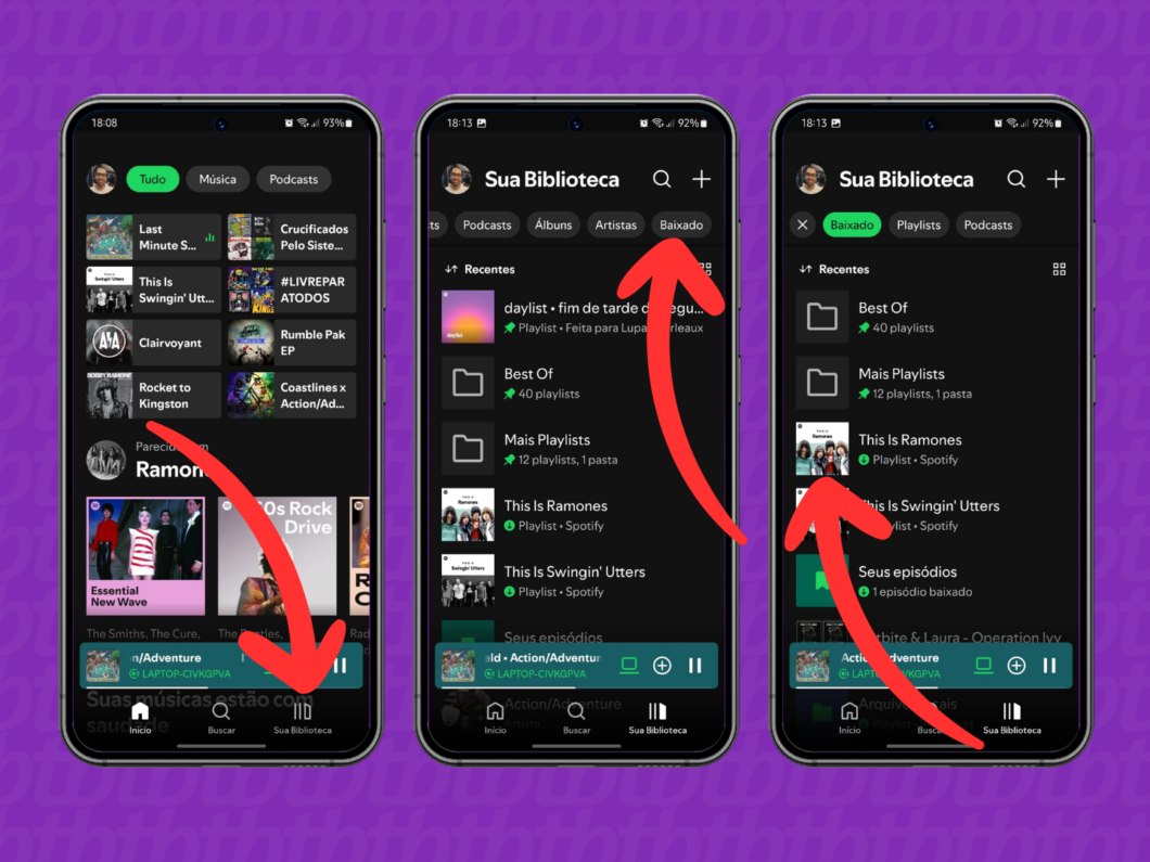 Captura de tela do app Spotify no celular mostra como acessar os conteúdos baixados na Biblioteca