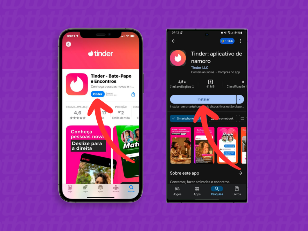 Captura de tela dos apps App Store e Play Store mostra como baixar o aplicativo Tinder