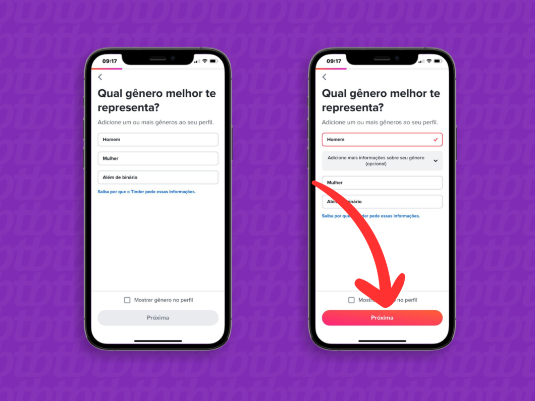 Captura de tela do app Tinder mostra como informar o gênero
