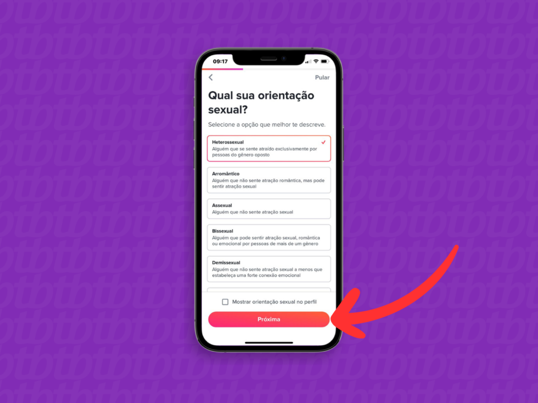 Captura de tela do app Tinder mostra como informar a orientação sexual