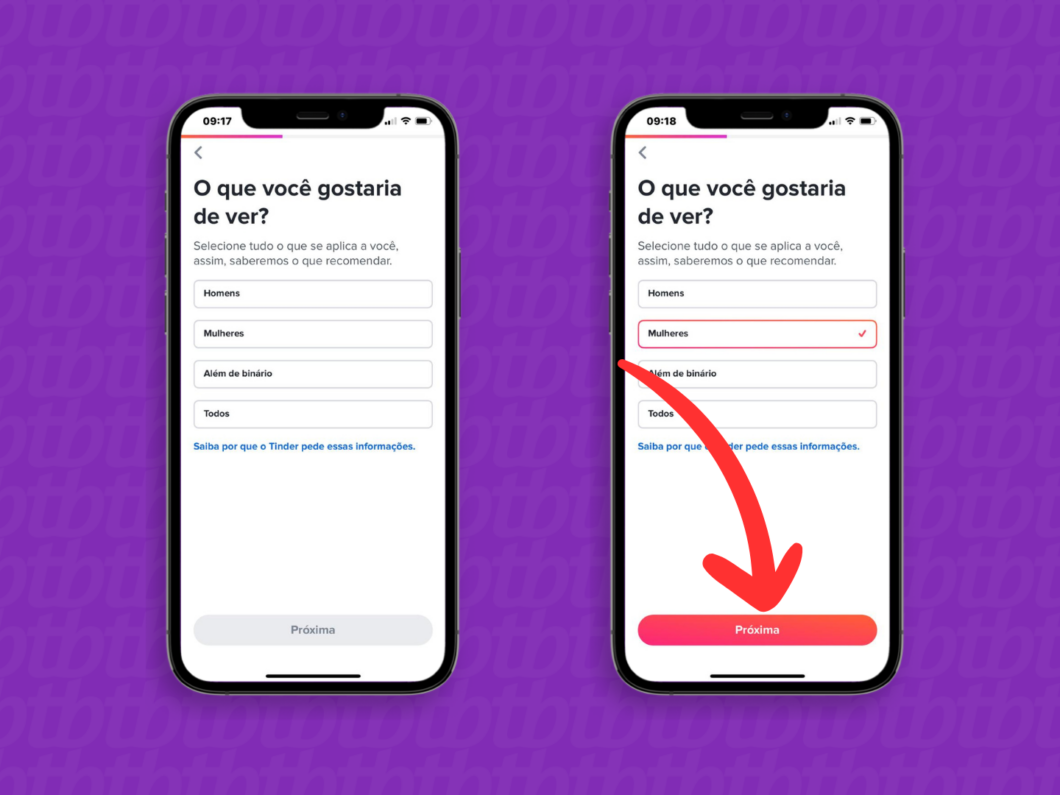 Captura de tela do app Tinder mostra como informar o público do matches