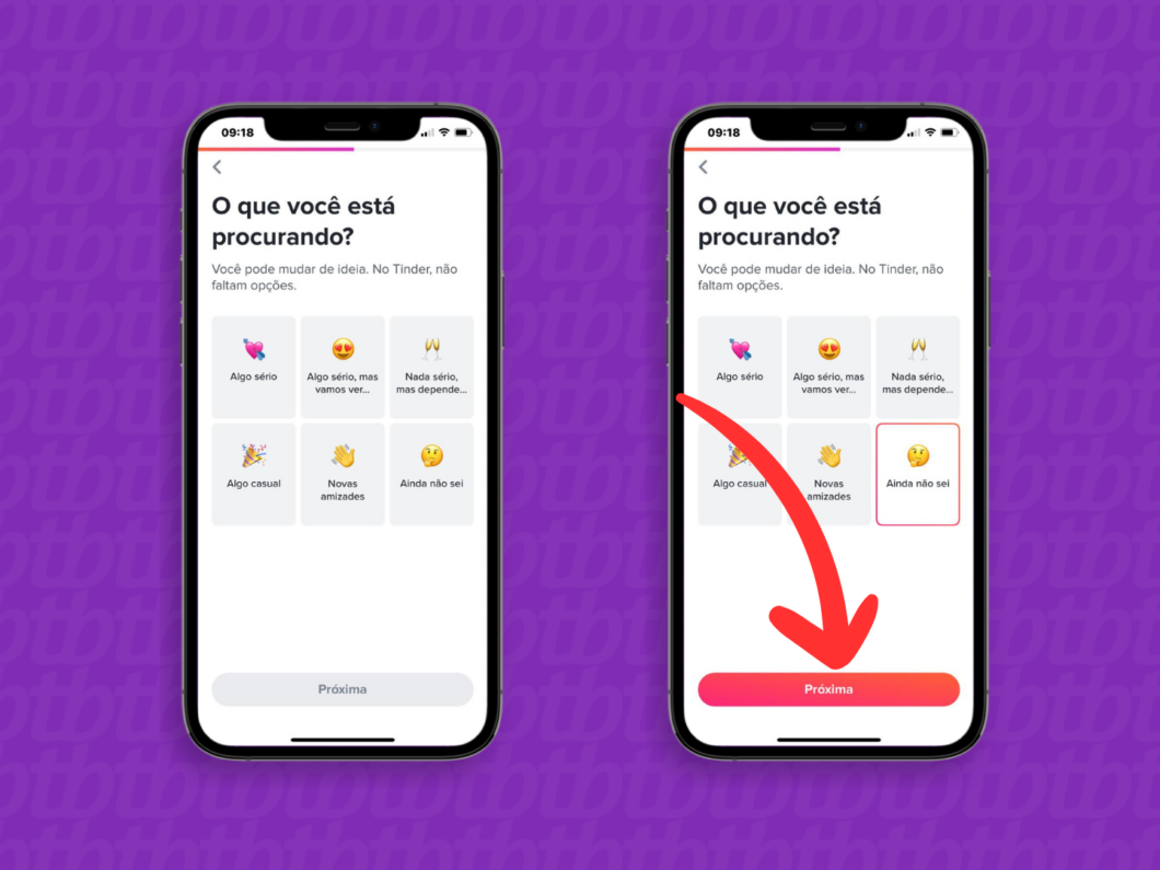 Captura de tela do app Tinder mostra como definir o objetivo da conta