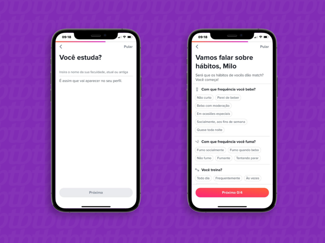 Captura de tela do app Tinder mostra como responder às perguntas de hábitos e gostos