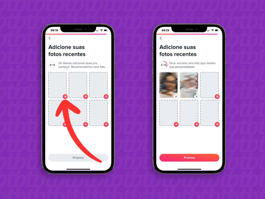 Captura de tela do app Tinder mostra como inserir as imagens de perfil