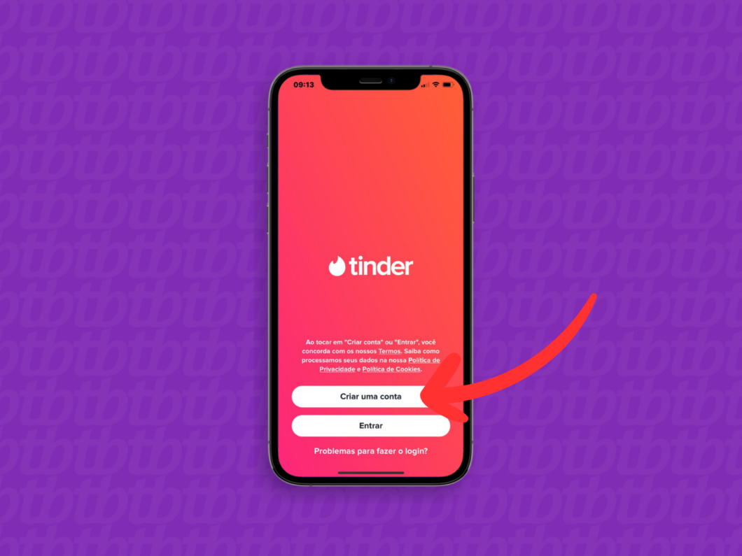 Captura de tela do app Tinder mostra como acessar a opção "Criar uma Conta"